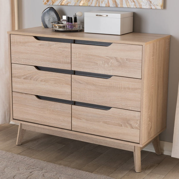 Baxton Studio Baxton Studio Fella Mid-Century Modern 6-Drawer Dresser in Two-Tone Oak & Grey for Stylish Storage FLDT00805-Hana Oak/Dark Grey-Dresser