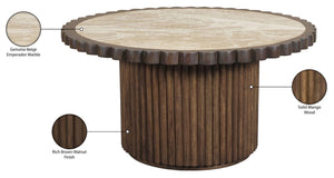 Meridian Furniture Elvira Round Marble Top Mango Wood Pedestal Coffee Table for Living Room Decor 77020Beige-CT
