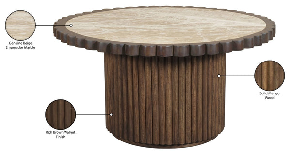Meridian Furniture Elvira Round Marble Top Mango Wood Pedestal Coffee Table for Living Room Decor 77020Beige-CT