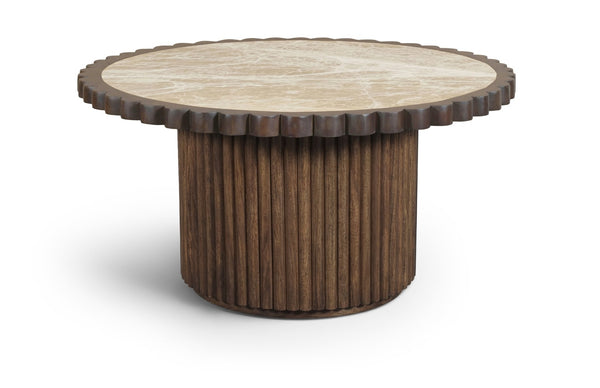 Meridian Furniture Elvira Round Marble Top Mango Wood Pedestal Coffee Table for Living Room Decor 77020Beige-CT