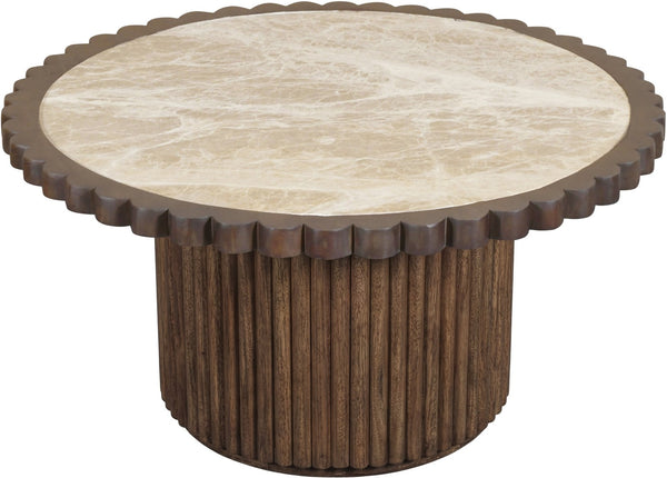 Meridian Furniture Elvira Round Marble Top Mango Wood Pedestal Coffee Table for Living Room Decor 77020Beige-CT