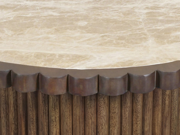 Meridian Furniture Elvira Round Marble Top Mango Wood Pedestal Coffee Table for Living Room Decor 77020Beige-CT