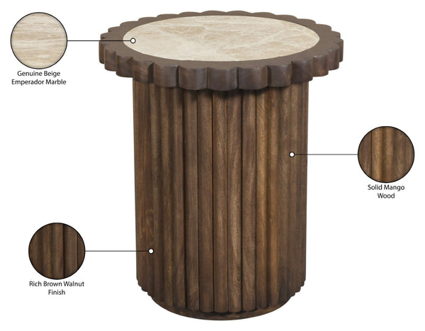 Meridian Furniture Elvira Round Marble Top Mango Wood Pedestal End Table for Living Room Decor 77020Beige-ET