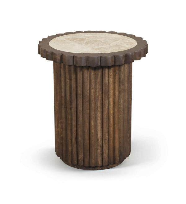 Meridian Furniture Elvira Round Marble Top Mango Wood Pedestal End Table for Living Room Decor 77020Beige-ET