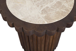 Meridian Furniture Elvira Round Marble Top Mango Wood Pedestal End Table for Living Room Decor 77020Beige-ET