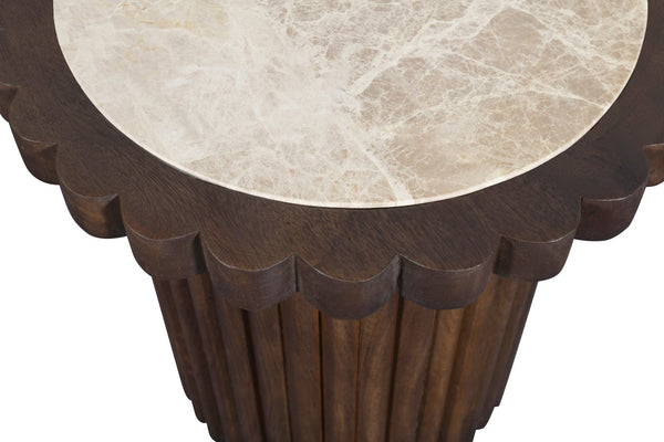 Meridian Furniture Elvira Round Marble Top Mango Wood Pedestal End Table for Living Room Decor 77020Beige-ET