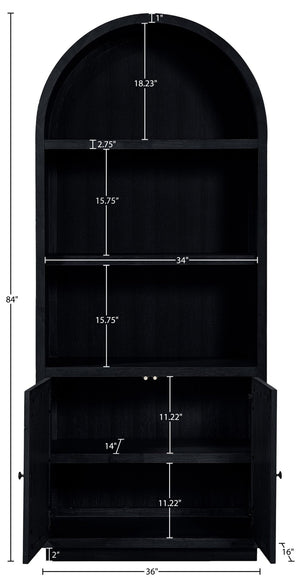 Meridian Furniture Botanical Solid Wood Bookcase with Woven Cane Doors and Open Shelves for Living Room Storage Black 77021Black