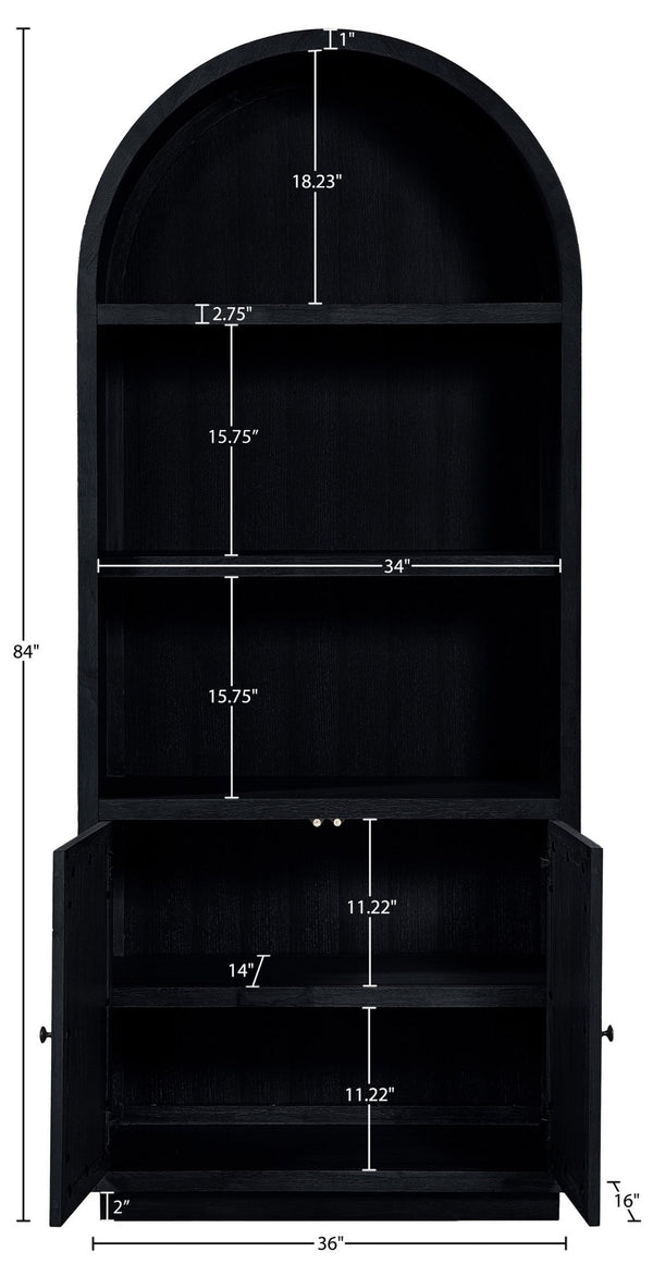 Meridian Furniture Botanical Solid Wood Bookcase with Woven Cane Doors and Open Shelves for Living Room Storage Black 77021Black
