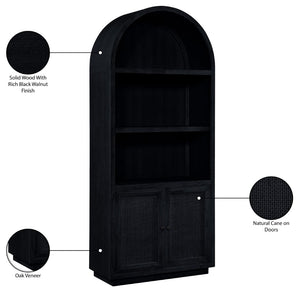 Meridian Furniture Botanical Solid Wood Bookcase with Woven Cane Doors and Open Shelves for Living Room Storage Black 77021Black