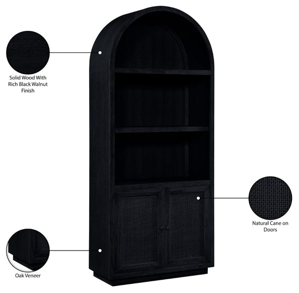 Meridian Furniture Botanical Solid Wood Bookcase with Woven Cane Doors and Open Shelves for Living Room Storage Black 77021Black