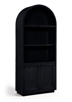Meridian Furniture Botanical Solid Wood Bookcase with Woven Cane Doors and Open Shelves for Living Room Storage Black 77021Black