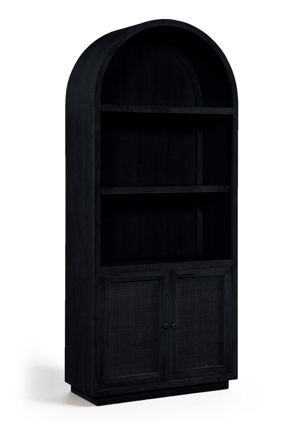 Meridian Furniture Botanical Solid Wood Bookcase with Woven Cane Doors and Open Shelves for Living Room Storage Black 77021Black