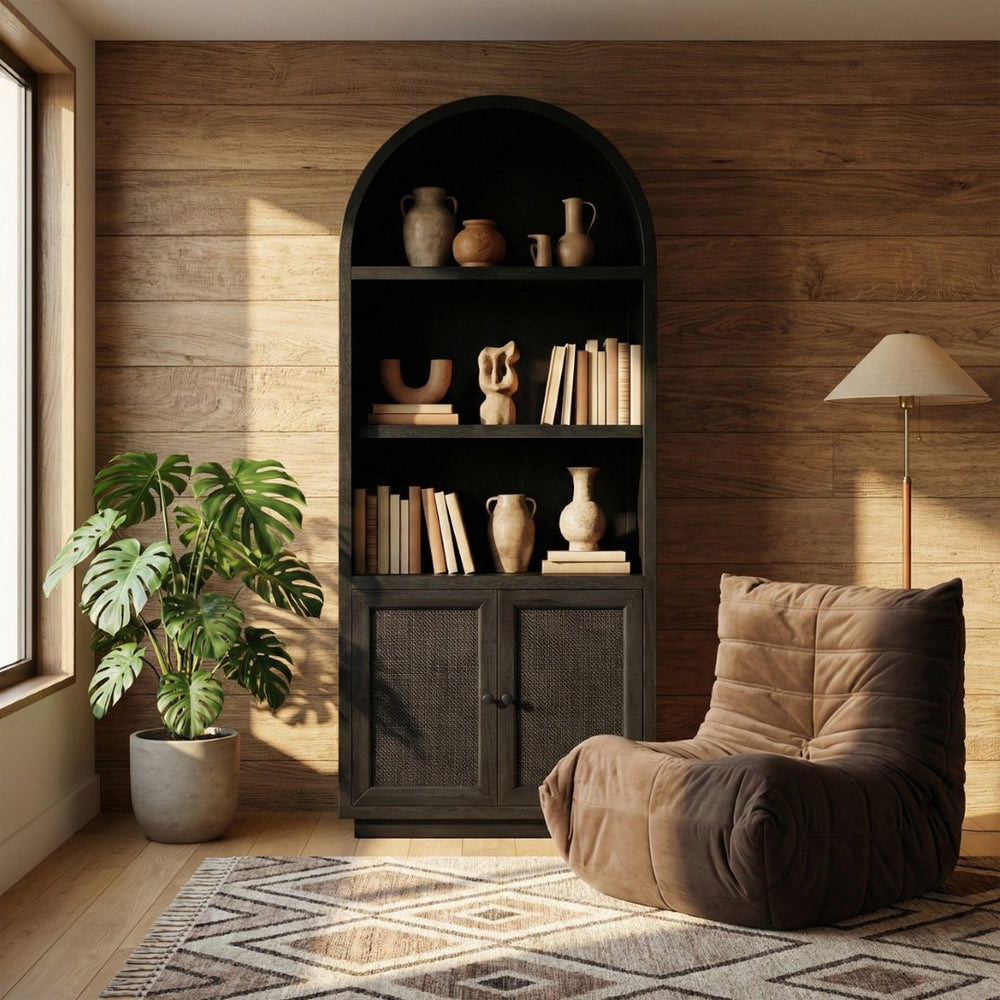 Meridian Furniture Botanical Solid Wood Bookcase with Woven Cane Doors and Open Shelves for Living Room Storage Black 77021Black