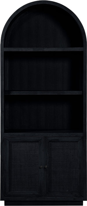 Meridian Furniture Botanical Solid Wood Bookcase with Woven Cane Doors and Open Shelves for Living Room Storage Black 77021Black