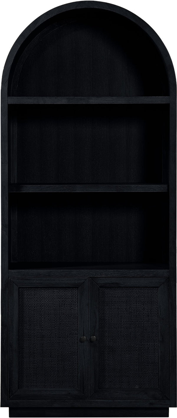 Meridian Furniture Botanical Solid Wood Bookcase with Woven Cane Doors and Open Shelves for Living Room Storage Black 77021Black