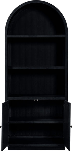 Meridian Furniture Botanical Solid Wood Bookcase with Woven Cane Doors and Open Shelves for Living Room Storage Black 77021Black