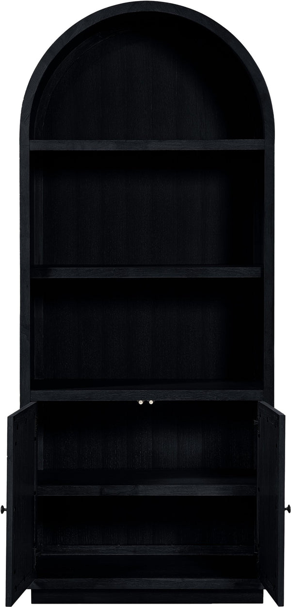Meridian Furniture Botanical Solid Wood Bookcase with Woven Cane Doors and Open Shelves for Living Room Storage Black 77021Black