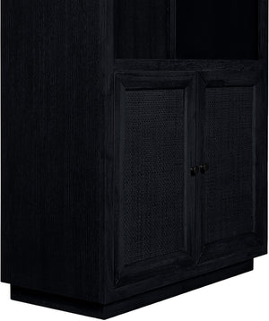 Meridian Furniture Botanical Solid Wood Bookcase with Woven Cane Doors and Open Shelves for Living Room Storage Black 77021Black