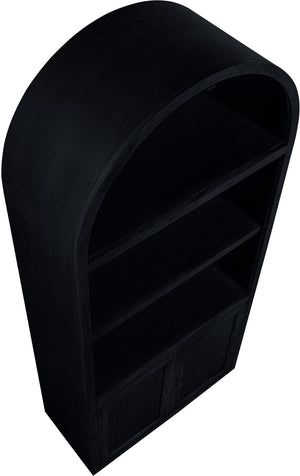 Meridian Furniture Botanical Solid Wood Bookcase with Woven Cane Doors and Open Shelves for Living Room Storage Black 77021Black