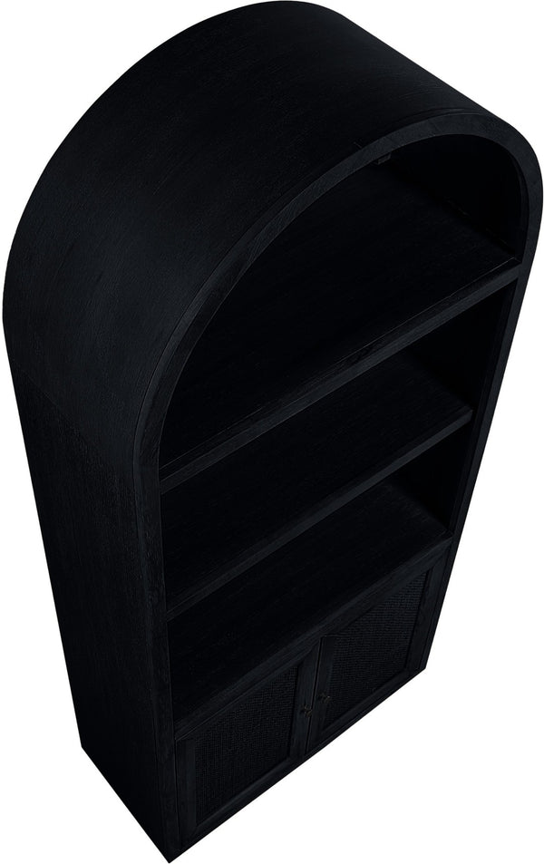 Meridian Furniture Botanical Solid Wood Bookcase with Woven Cane Doors and Open Shelves for Living Room Storage Black 77021Black