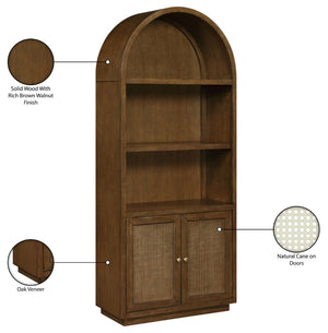 Meridian Furniture Botanical Solid Wood Bookcase with Woven Cane Doors and Open Shelves for Living Room Storage Brown 77021Brown