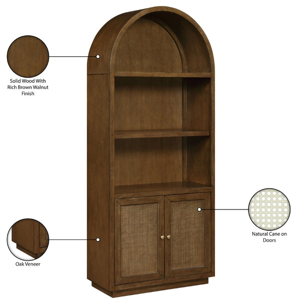 Meridian Furniture Botanical Solid Wood Bookcase with Woven Cane Doors and Open Shelves for Living Room Storage Brown 77021Brown