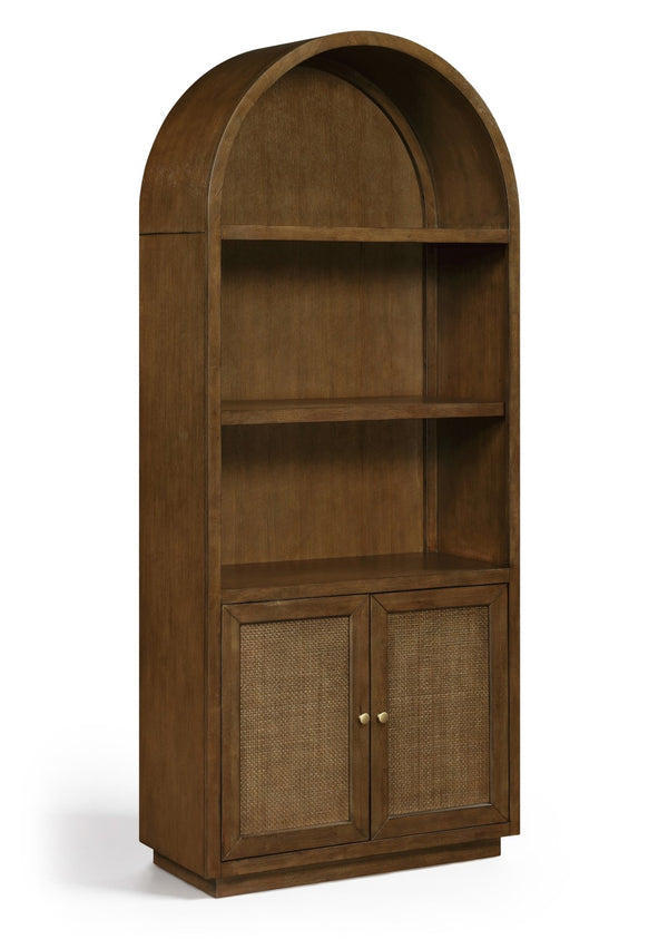 Meridian Furniture Botanical Solid Wood Bookcase with Woven Cane Doors and Open Shelves for Living Room Storage Brown 77021Brown