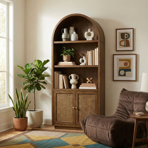 Meridian Furniture Botanical Solid Wood Bookcase with Woven Cane Doors and Open Shelves for Living Room Storage Brown 77021Brown