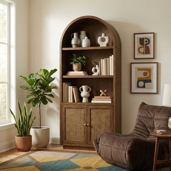 Meridian Furniture Botanical Solid Wood Bookcase with Woven Cane Doors and Open Shelves for Living Room Storage Brown 77021Brown