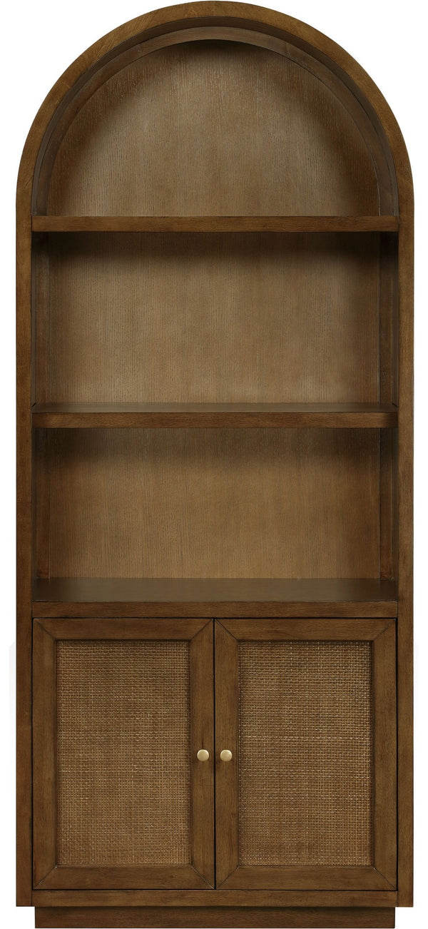 Meridian Furniture Botanical Solid Wood Bookcase with Woven Cane Doors and Open Shelves for Living Room Storage Brown 77021Brown