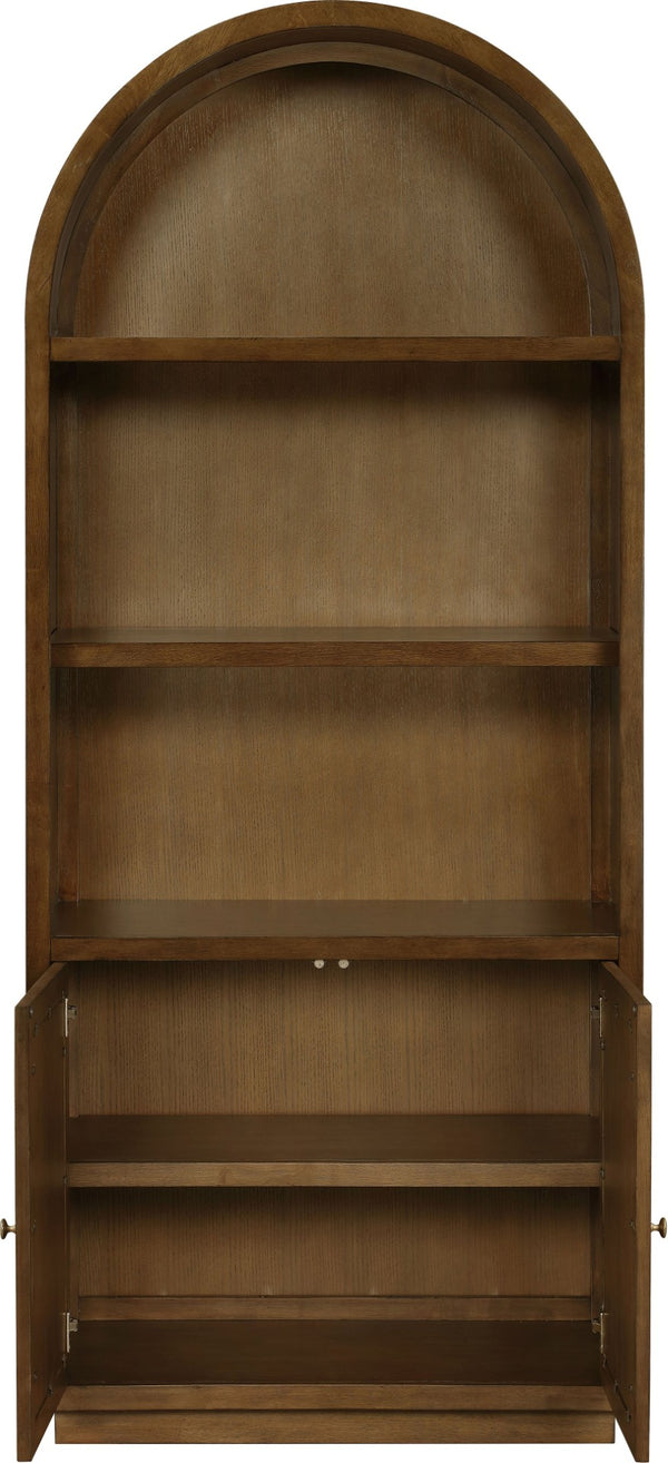 Meridian Furniture Botanical Solid Wood Bookcase with Woven Cane Doors and Open Shelves for Living Room Storage Brown 77021Brown