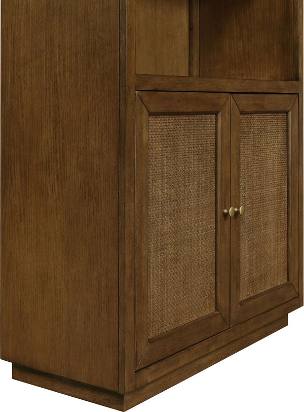 Meridian Furniture Botanical Solid Wood Bookcase with Woven Cane Doors and Open Shelves for Living Room Storage Brown 77021Brown