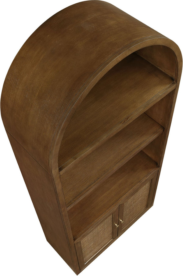 Meridian Furniture Botanical Solid Wood Bookcase with Woven Cane Doors and Open Shelves for Living Room Storage Brown 77021Brown