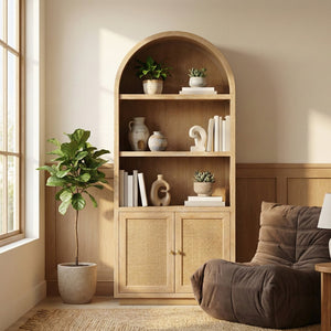 Meridian Furniture Botanical Solid Wood Bookcase with Woven Cane Doors and Open Shelves for Living Room Storage Natural 77021Natural
