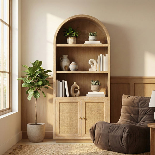 Meridian Furniture Botanical Solid Wood Bookcase with Woven Cane Doors and Open Shelves for Living Room Storage Natural 77021Natural