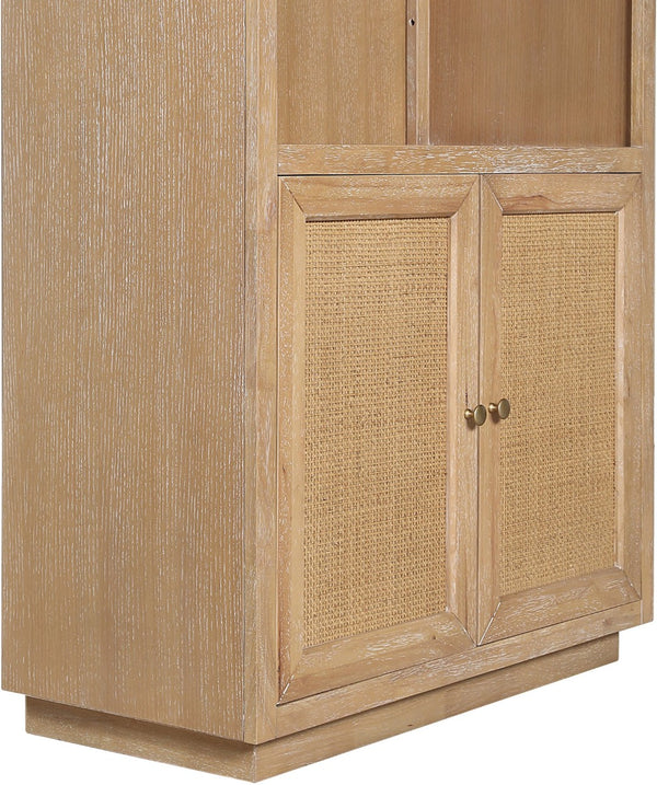 Meridian Furniture Botanical Solid Wood Bookcase with Woven Cane Doors and Open Shelves for Living Room Storage Natural 77021Natural
