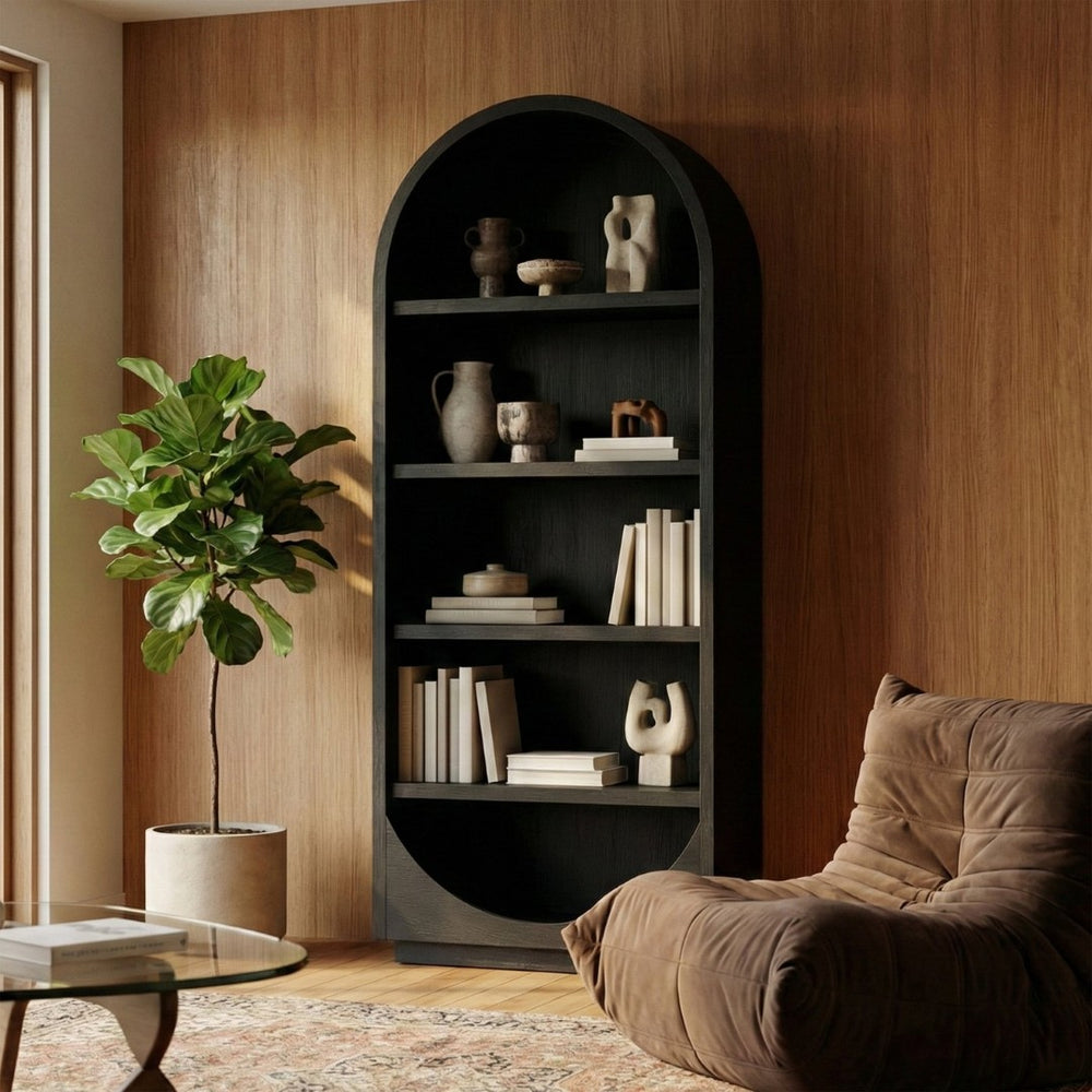 Meridian Furniture Hearth Solid Wood Arched Bookcase Five Open Tiers Sculptural Display for Home Office Storage Black 77024Black