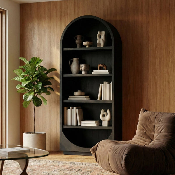 Meridian Furniture Hearth Solid Wood Arched Bookcase Five Open Tiers Sculptural Display for Home Office Storage Black 77024Black