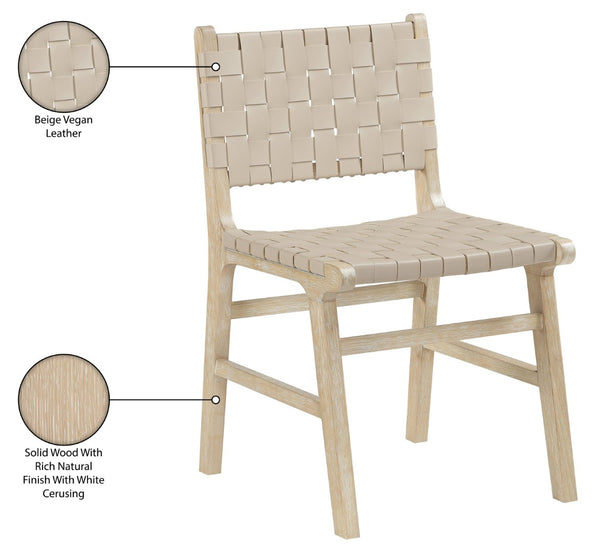 Meridian Furniture Entwine Art Deco Woven Vegan Leather Dining Chair with Cerused Wood Frame for Elegant Beige Style A 77025Beige-C