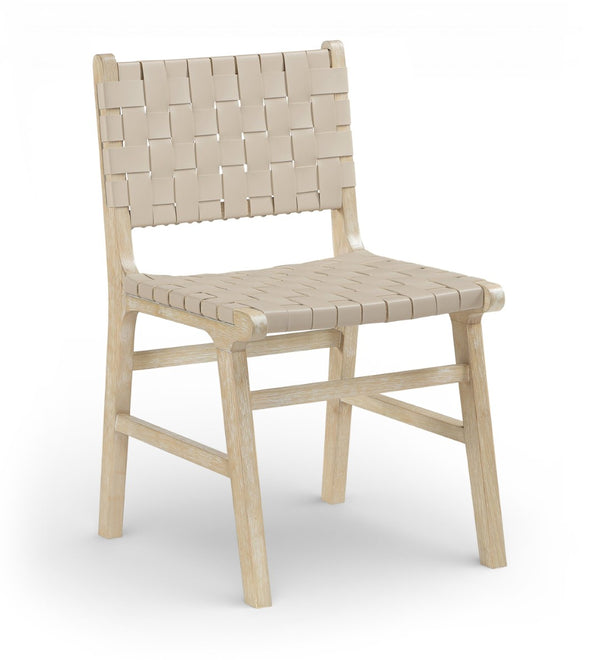 Meridian Furniture Entwine Art Deco Woven Vegan Leather Dining Chair with Cerused Wood Frame for Elegant Beige Style A 77025Beige-C