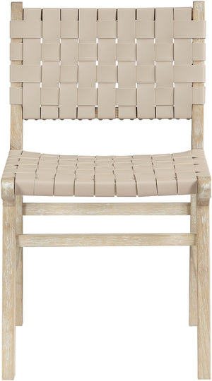 Meridian Furniture Entwine Art Deco Woven Vegan Leather Dining Chair with Cerused Wood Frame for Elegant Beige Style A 77025Beige-C