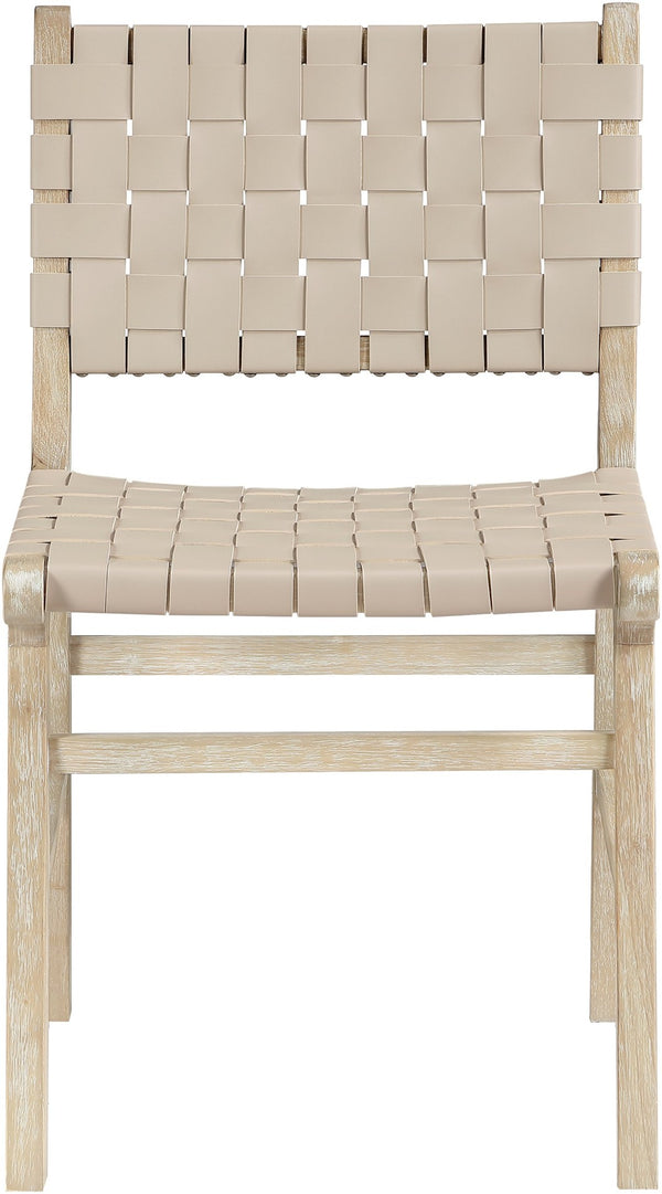 Meridian Furniture Entwine Art Deco Woven Vegan Leather Dining Chair with Cerused Wood Frame for Elegant Beige Style A 77025Beige-C