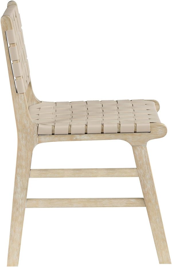 Meridian Furniture Entwine Art Deco Woven Vegan Leather Dining Chair with Cerused Wood Frame for Elegant Beige Style A 77025Beige-C