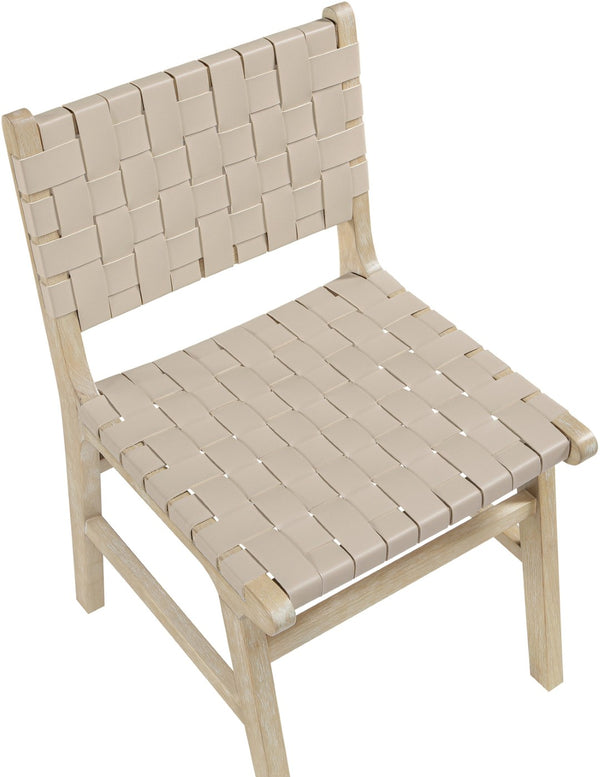 Meridian Furniture Entwine Art Deco Woven Vegan Leather Dining Chair with Cerused Wood Frame for Elegant Beige Style A 77025Beige-C