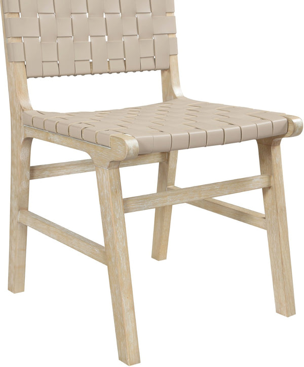 Meridian Furniture Entwine Art Deco Woven Vegan Leather Dining Chair with Cerused Wood Frame for Elegant Beige Style A 77025Beige-C