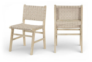 Meridian Furniture Entwine Art Deco Woven Vegan Leather Dining Chair with Cerused Wood Frame for Elegant Beige Style A 77025Beige-C