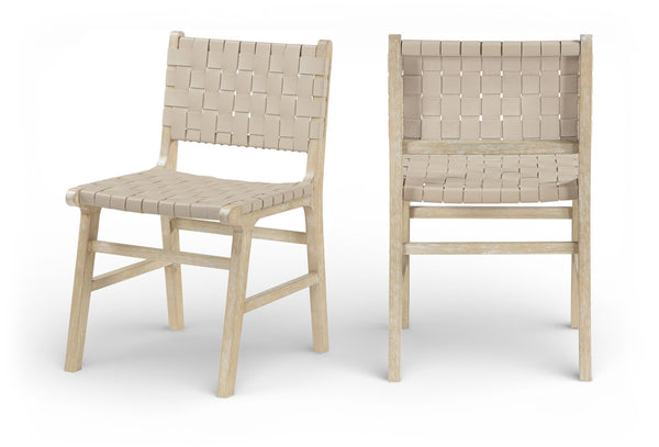Meridian Furniture Entwine Art Deco Woven Vegan Leather Dining Chair with Cerused Wood Frame for Elegant Beige Style A 77025Beige-C