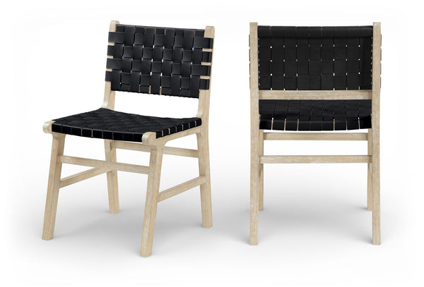 Meridian Furniture Entwine Art Deco Woven Vegan Leather Dining Chair with Cerused Wood Frame for Elegant Black Style A 77025Black-C