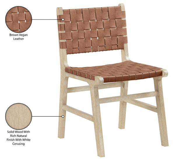 Meridian Furniture Entwine Art Deco Woven Vegan Leather Dining Chair with Cerused Wood Frame for Elegant Brown Style A 77025Brown-C