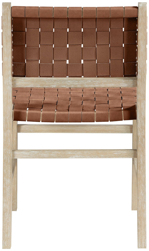 Meridian Furniture Entwine Art Deco Woven Vegan Leather Dining Chair with Cerused Wood Frame for Elegant Brown Style A 77025Brown-C